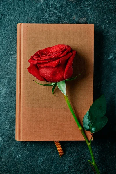 在西班牙加泰罗尼亚 传统上送红玫瑰和红书的时候 有一本棕色的书 上面挂着加泰罗尼亚国旗 还有一本红玫瑰纪念圣乔治日 还有一本加泰罗尼亚的圣若尔达 — 图库照片