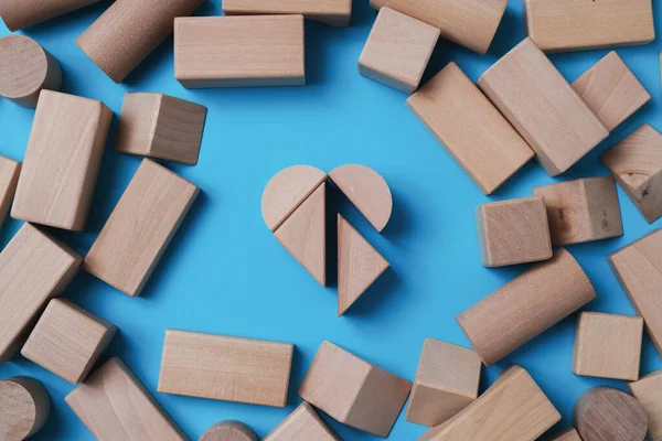 High Angle View Some Wooden Building Blocks Forming Heart Center — Stock Photo, Image