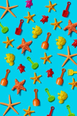 Bazı doğal ve sahte denizyıldızları, bazı plaj kürekleri ve raketleri, ve mavi arka planda deniz atı ve kaplumbağa şeklinde kum kalıpları.