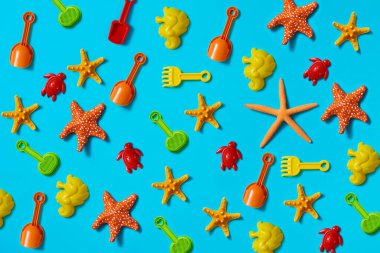 Bazı plaj kürekleri ve raketleri, deniz atı ve kaplumbağa şeklinde kum kalıpları, ve mavi arka planda bazı doğal ve sahte deniz yıldızları.