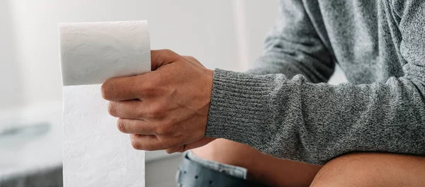 Caucasian Man Sitting Toilet Has Toilet Paper Roll His Hand — Stock Photo, Image