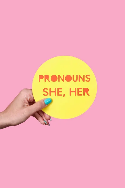 Caucasian Person Holds Yellow Sign Text Pronouns She Her Front — Stock Photo, Image