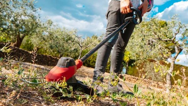 若い白人男性はコードレスの電気弦トリマーを使って農地の草を刈る — ストック写真