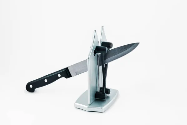 Kitchen Knife Desktop Knife Sharpener White Background — Stock Photo, Image