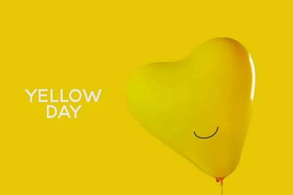 黄色の文字と黄色の背景に描かれた笑顔で膨らんだ黄色のハート型の風船 — ストック写真