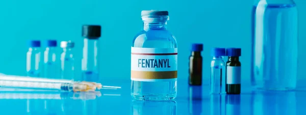 Simulated Vial Fentanyl Next Syringe Some Other Different Vials Blue — Stock Photo, Image