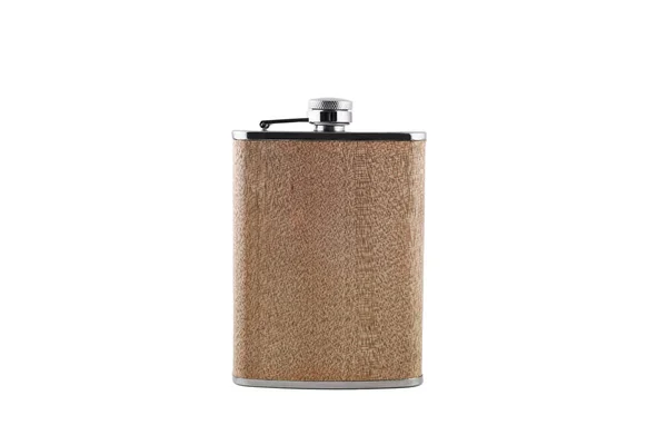 Metal Wooden Hip Flask Standing White Background — Stock Photo, Image