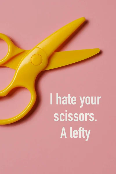 Closeup Pair Yellow Plastic Scissors Right Handers Text Hate Your — Stock Photo, Image