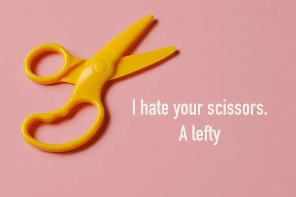 Pair Yellow Plastic Scissors Right Handed Users Text Hate Your — Stock Photo, Image