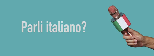 イタリア語で書かれたイタリア語を話します イタリア語で書かれた男性と 青い背景のイタリアの旗を掲げたマイクを持っている男性は Webバナーとして使用するパノラマ形式で — ストック写真