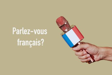 Fransızca yazılmış Fransızca bir soru ve soluk kahverengi bir arka planda Fransa bayrağı desenli bir mikrofon tutan bir adam.