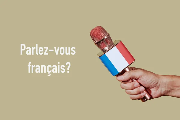 the question do you speak french written in french and a man holding a microphone patterned with the flag of france, on a pale brown background