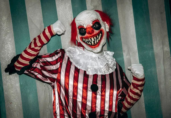 Evil Redhead Clown Wearing White Red Striped Costume White Ruff — Stock Photo, Image