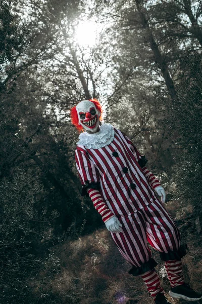 Mad Evil Redhead Clown Wearing White Red Striped Costume White — Stock Photo, Image