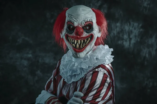 Closeup Mad Evil Redhead Clown Wearing White Red Striped Costume — Stock Photo, Image