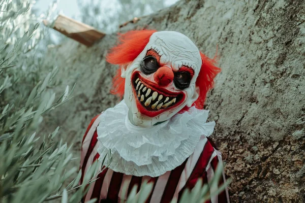 一个疯疯癫癫的红头发小丑 穿着一身白色皱领的红白相间条纹的服装 带着一种令人毛骨悚然的微笑凝视着外面一幢老房子的土墙前的观察者 — 图库照片