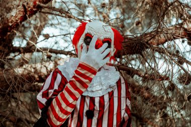 Beyaz yakalı kırmızı çizgili bir kostüm giymiş beyaz yakalı ve beyaz eldivenli bir adam, alacakaranlıkta ormanda palyaço maskesi takıyor.