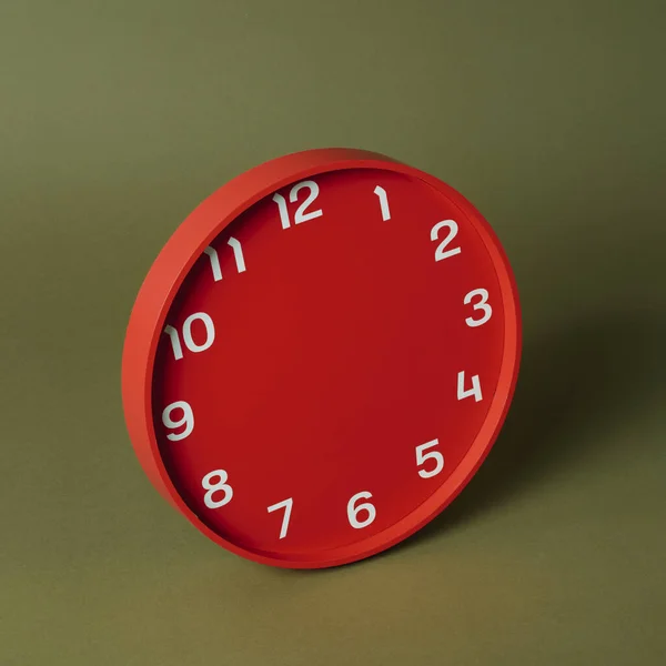 Closeup Red Clock Hour Minute Hands Olive Green Background — Stock Photo, Image