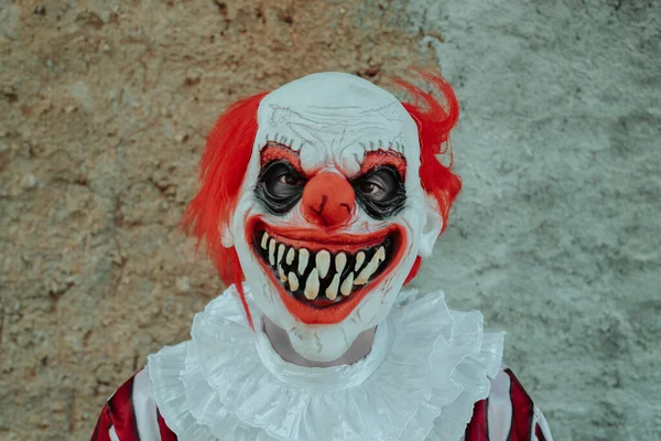 Closeup Mad Evil Redhead Clown Wearing White Red Striped Costume — Stock Photo, Image