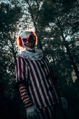 Beyaz yakalı beyaz ve kırmızı çizgili bir kostüm giyen çılgın bir kızıl saçlı palyaço ormanda ürkütücü bir gülümseme ile gözlemciye bakıyor.