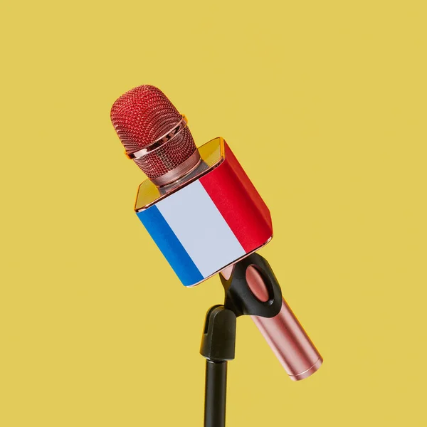 Primer Plano Micrófono Rosa Estampado Con Bandera Francia Soporte Negro — Foto de Stock