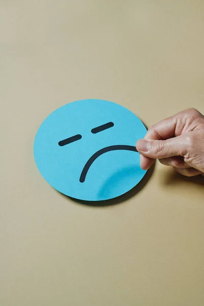 Man Places Sad Mouth Blue Cardboard Face Yellow Background — Stock Photo, Image