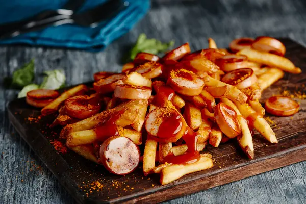 Sliced Currywurst Topped Curry Ketchup Curry Powder Served Chips Typical — Stock fotografie
