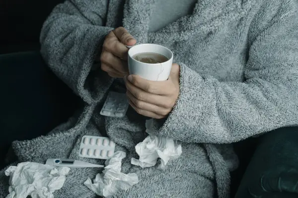 Closeup Ill Man Home Wearing Gray House Robe Warming Cup — Stock Photo, Image
