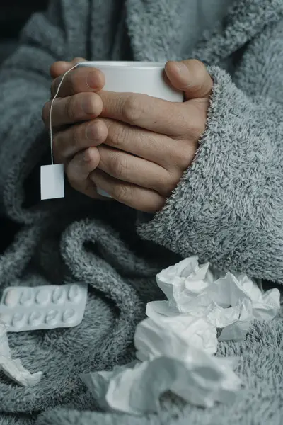 Closeup Ill Man Home Gray House Robe Surrounded Used Tissues — Stock Photo, Image