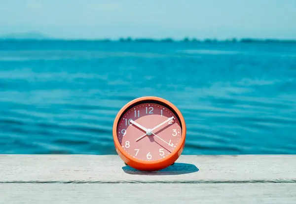 Pink Clock Weathered Wooden Pier Next Water Summer Day Stock Photo