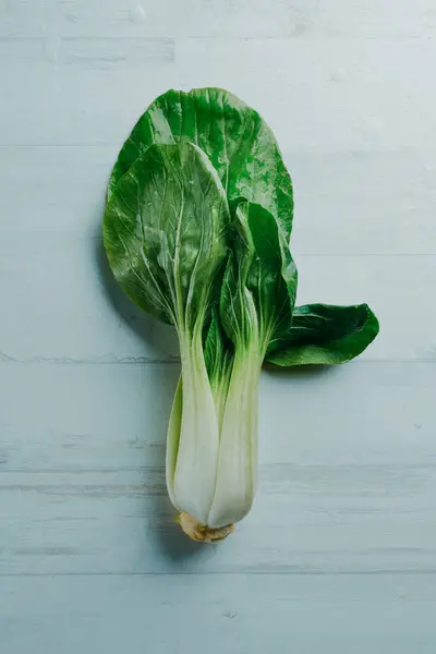 High Angle View Fresh Bok Choy White Wooden Surface Splashed Stock Picture