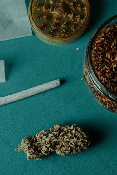 Closeup Cannabis Bud Table Next Used Herb Grinder Jar Some - Stok İmaj