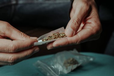 closeup of a man about to roll, made with cannabis mixed with tobacco, sitting at a table where there is a bag with some cannabis buds clipart