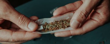 closeup of a man who is about to roll a joint, made with cannabis mixed with tobacco, in a panoramic format to use as web banner clipart