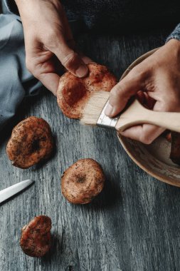 closeup of a man, at a gray wooden table, removing with a brush any dirt particle from some raw rovellons, mushrooms highly appreciated in Catalonia, Spain clipart