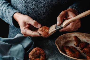 a man, at a gray wooden table, uses a brush to clean some raw rovellons, autumn mushrooms highly appreciated in Catalonia, Spain, clipart