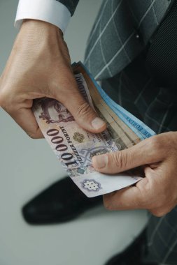 Zarif gri bir takım elbise giyen bir işadamının elinde kapalı alanda bazı Macar forint notları vardır.