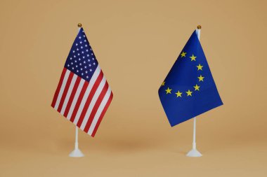  Amerika Birleşik Devletleri bayrağı ve soluk kahverengi arka planda yan yana duran Avrupa Birliği bayrağı