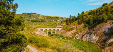İspanya 'nın Cordoba ilindeki İznajar' daki Priego deresinin panoramik manzarası. Suyu akarsu aşağı Iznajar rezervuarına akıyor ve merkezi üzerinde taş bir köprü bulunuyor.