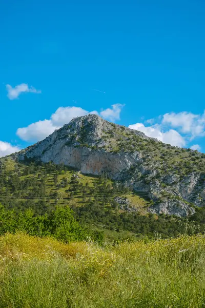Cuevas Altas 'ın Sierra del Camorro dağ zincirindeki zirvesi, Batik Sistemler' in bir parçası, Cuevas de San Marcos, Endülüs, İspanya 'da güneşli bir bahar günü