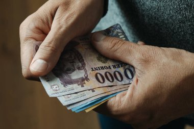 Bir kişinin yakın plan fotoğrafı. İki elinde de ahşap zemin arka planı olan farklı mezheplerin Macar forint banknotlarını sayıyor.