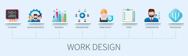 Work Design Banner Icons Planning Human Resources Research Organisation Work — Stock Vector