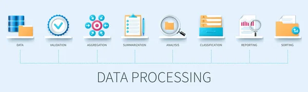 Data Processing Banner Icons Data Validation Aggregation Summarisation Analysis Classification — Stock Vector