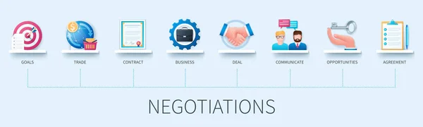 Negoziazioni Banner Con Icone Obiettivi Commercio Contratto Affari Affare Comunicare — Vettoriale Stock