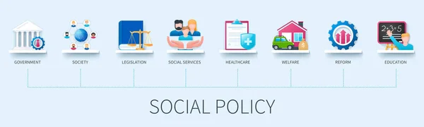 Banner Sociální Politiky Ikonami Vláda Společnost Legislativa Sociální Služby Zdravotní — Stockový vektor