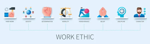 Work Ethic Banner Icons Hard Work Society Determination Morality Perseverance — Stock Vector