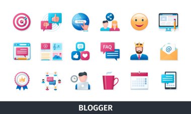Blogger 3d vektör simgesi ayarlandı. Blogculuk, sosyal medya, internet, e-posta, içerik, cep telefonu, program, takipçiler, faq, paylaşım. 3B biçiminde gerçekçi nesneler