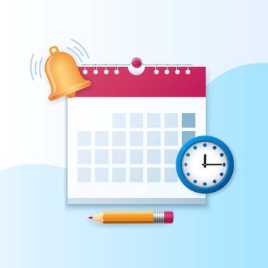 Reminder in calendar banner. Bell, calendar, pen and clock icons. Web vector illustration in 3D style clipart