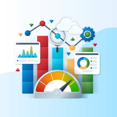 Benchmarking concept. Compare quality with other companies for improvement. Business banner. Web vector illustrations in 3D style