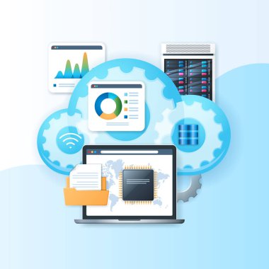 Cloud computing banner. Online digital services and computing technology. Cloud storage concept. Web vector illustration in 3D style